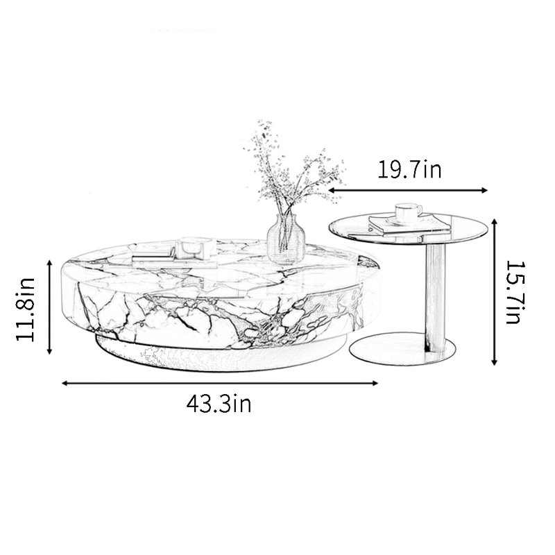 Premium round marble coffee table set, 11.8" H x 43.3" L x 43.3" W