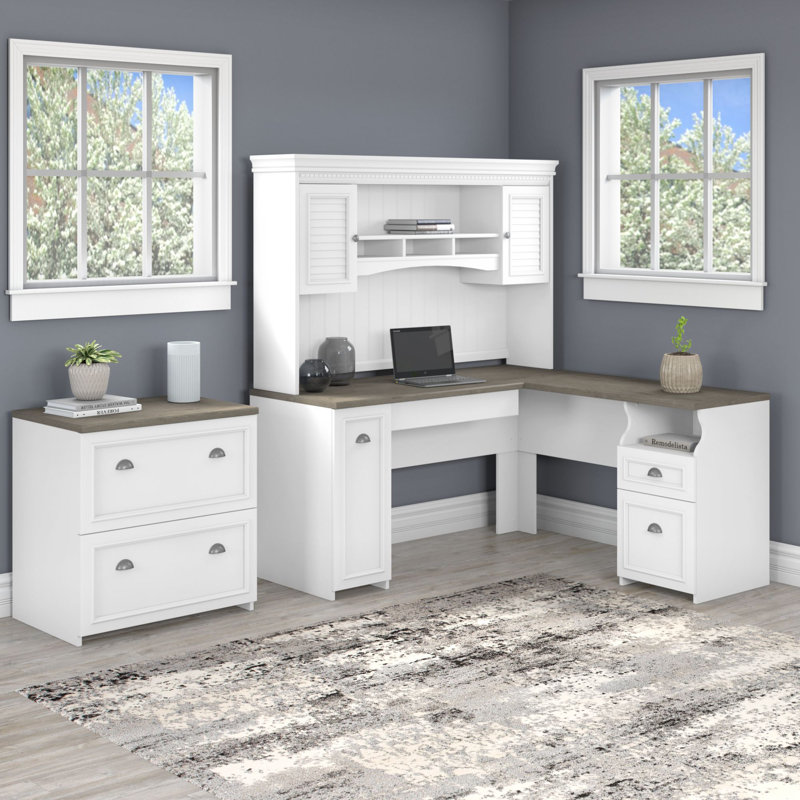 Ensemble de bureau d'ordinateur en L 3 pièces avec huche Huckins, Gris déclin / blanc pur