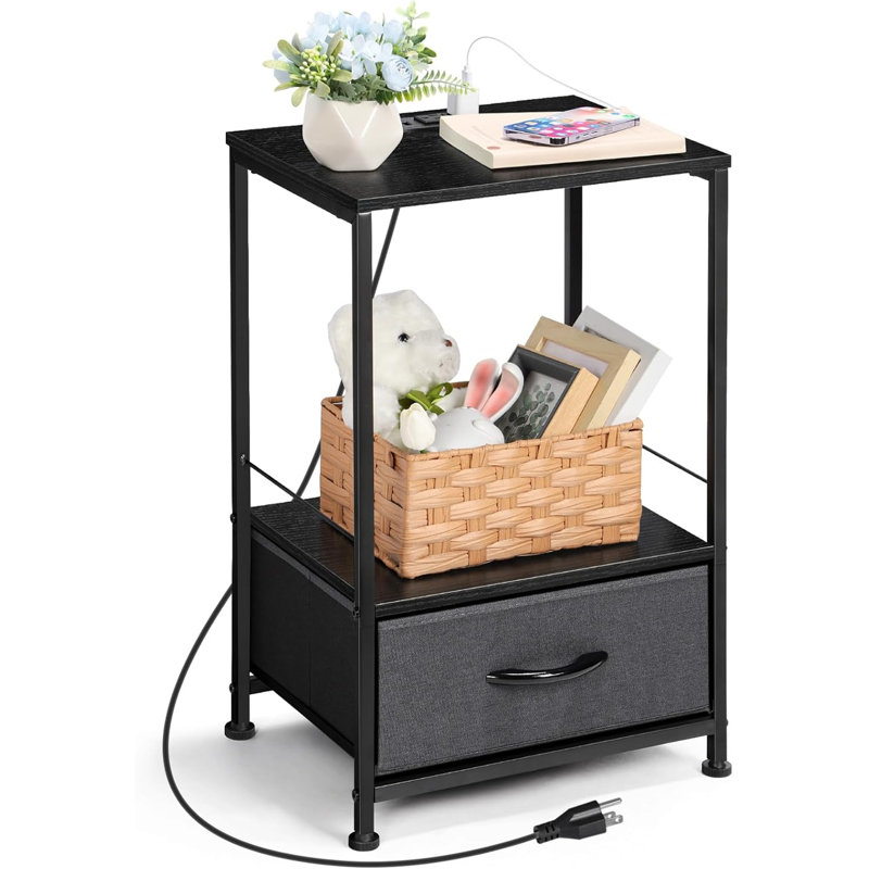 Table d'appoint à 2 niveaux avec station de charge, table de bout en métal avec tiroir en tissu et prise de courant