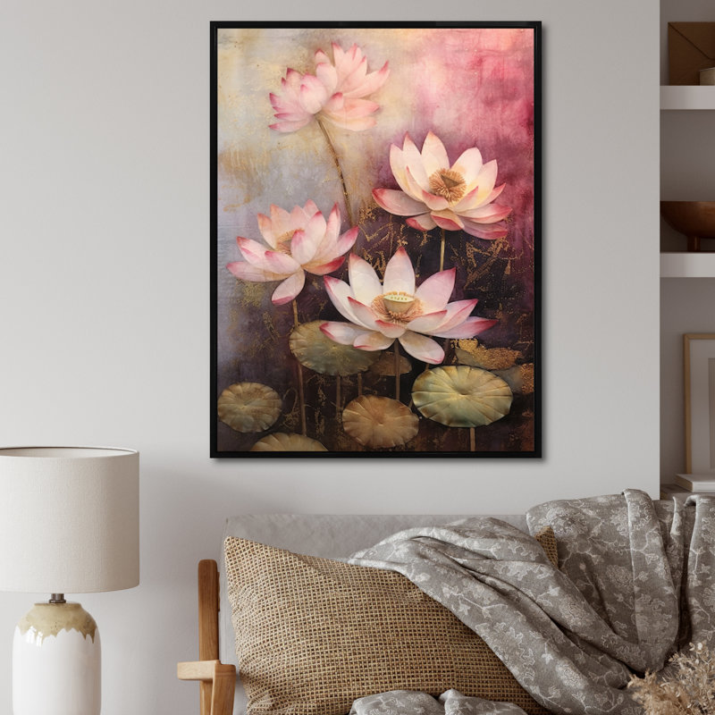 Symphonie de lotus rose rétro II, Toile noire, H 44 po x l 34 po x P 1,5 po
