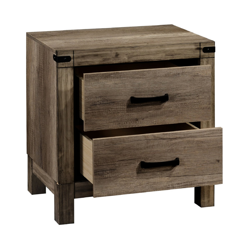 Table de chevet de style rustique - 2 tiroirs en bois massif brun avec ornement