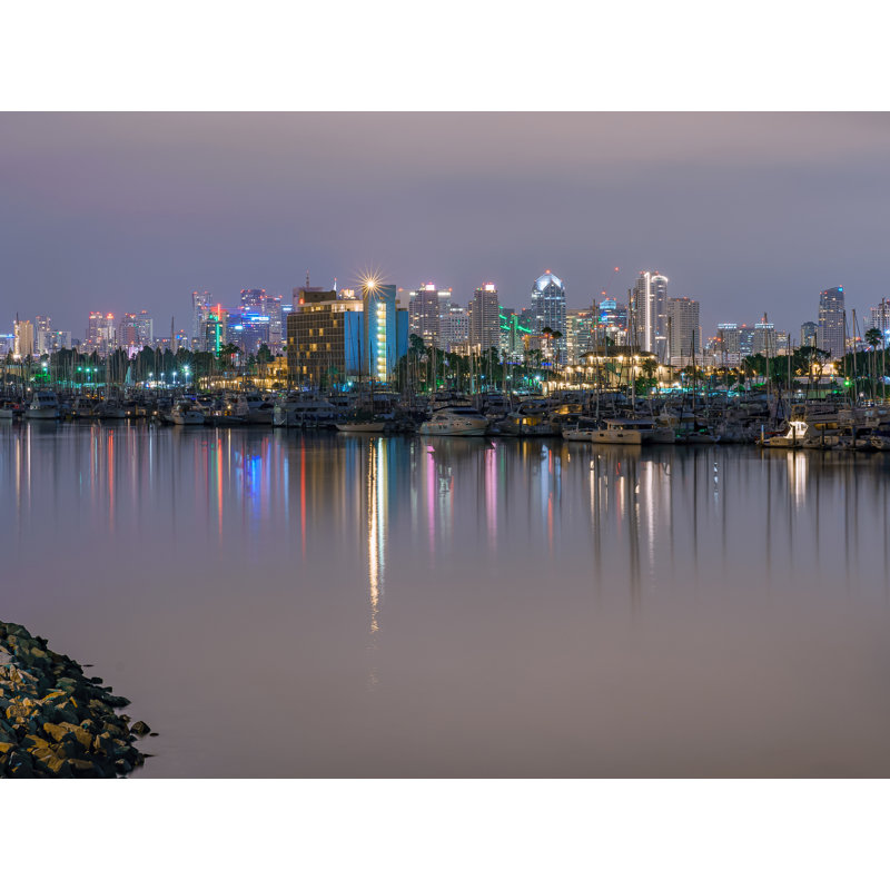 Panoramic Night Skyline Shot, San Diego, California Photographic Print Canvas, 24" H x 32" W, Wrapped Canvas