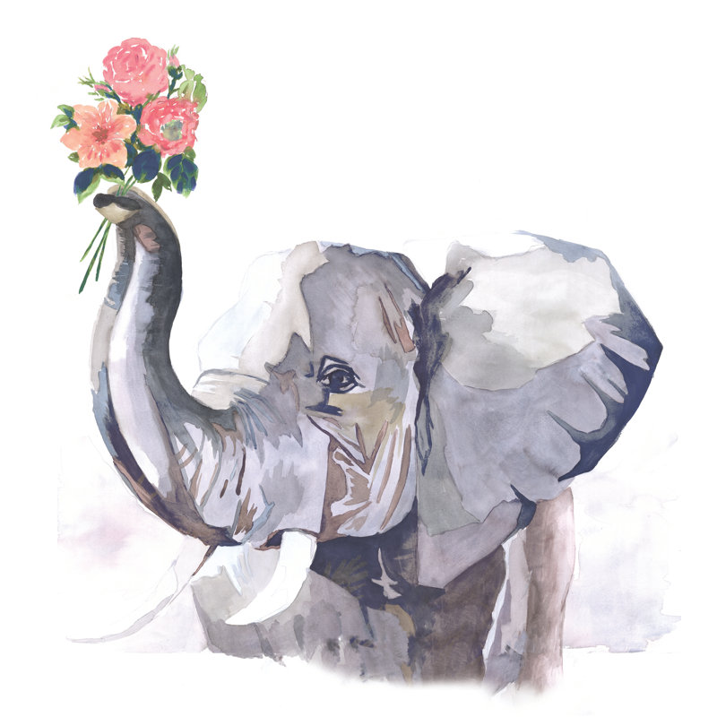 Elephant Holding Flowers - Painting Print, 91cm H x 61cm W, Black Floater Framed