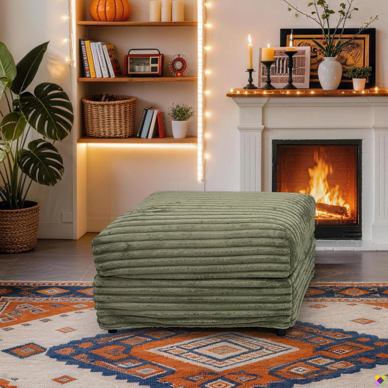 Gus 31.5"W Corduroy Ottoman, Olive Green