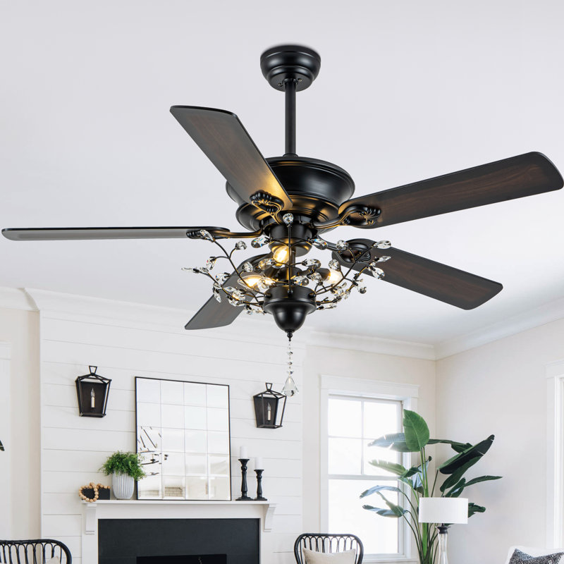 Engebretson 52 Inch Black Modern Crystal Ceiling Fan with Lights and Remote, 6 Speeds DC Motor Reversible Chandelier Ceiling Fan with Crystals