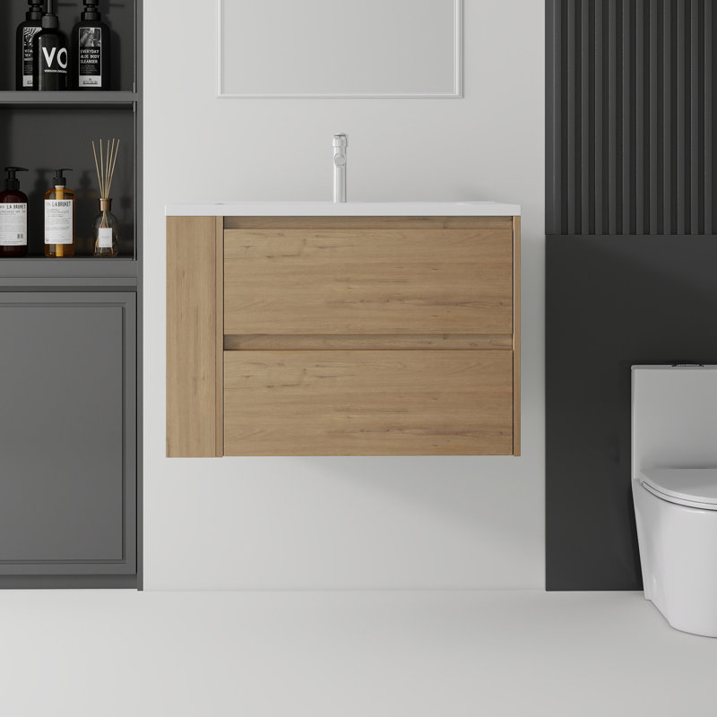 Meuble-lavabo flottant 30 po avec lavabo et tiroir à fermeture en douceur pour petites salles de bain, Oak, 30"