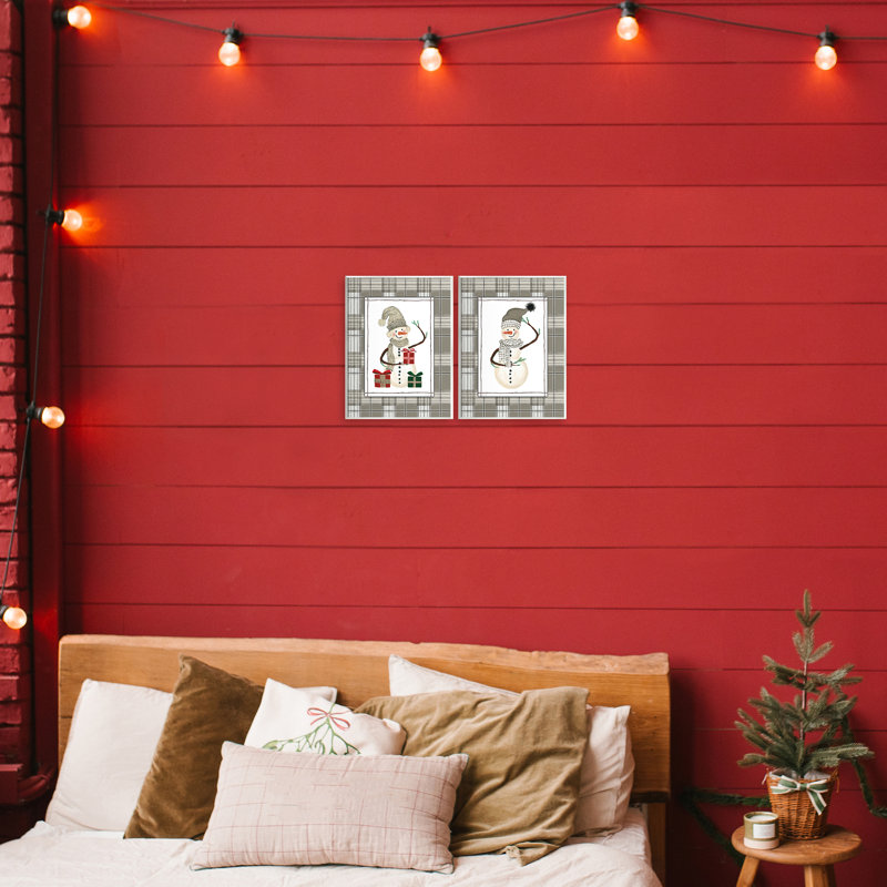 Ensemble de 2 plaques murales Cozy Snowmen on Plaid, design par Cindy Jacobs