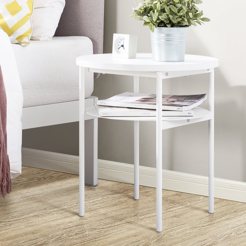 White Round Alloy Steel End Table with Storage Shelf