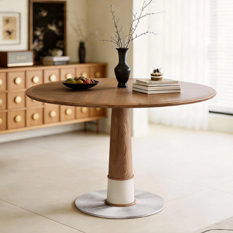 120cm Round Solid Wood Table, Walnut Finish and Silver Metal Pedestal Base Fast Dispatch From UK Warehouse – Dispatched Within 2 Days