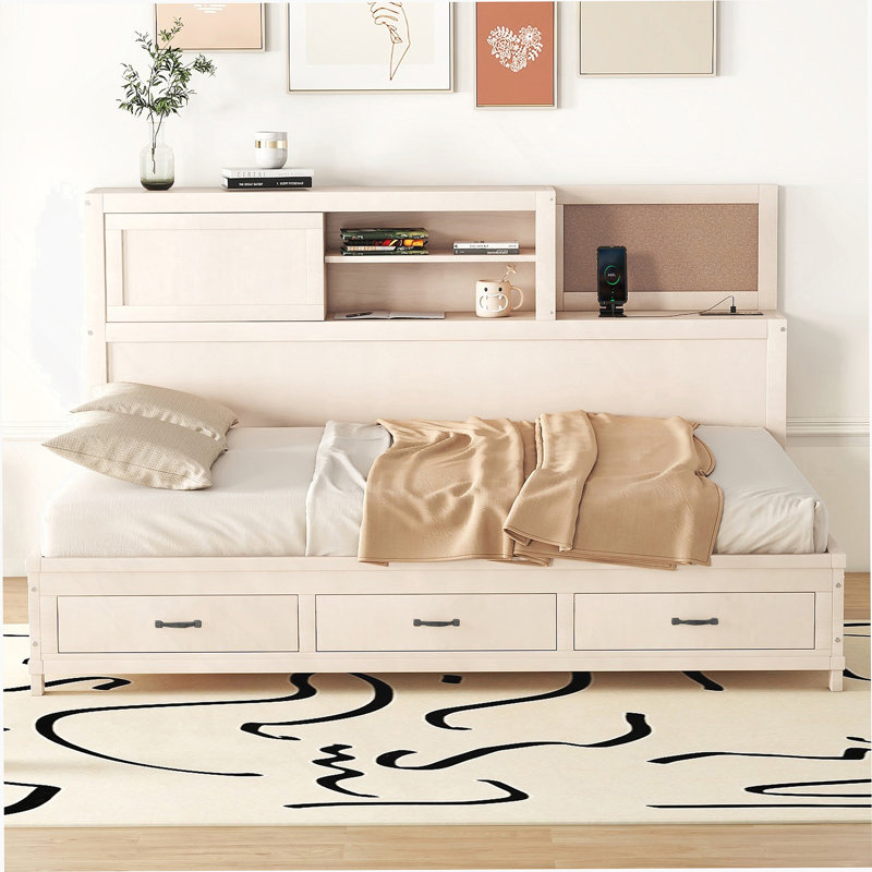 Lit de jour en bois avec 3 tiroirs de rangement, une tablette et un ensemble de prises et de ports USB, Lit double, Blanc