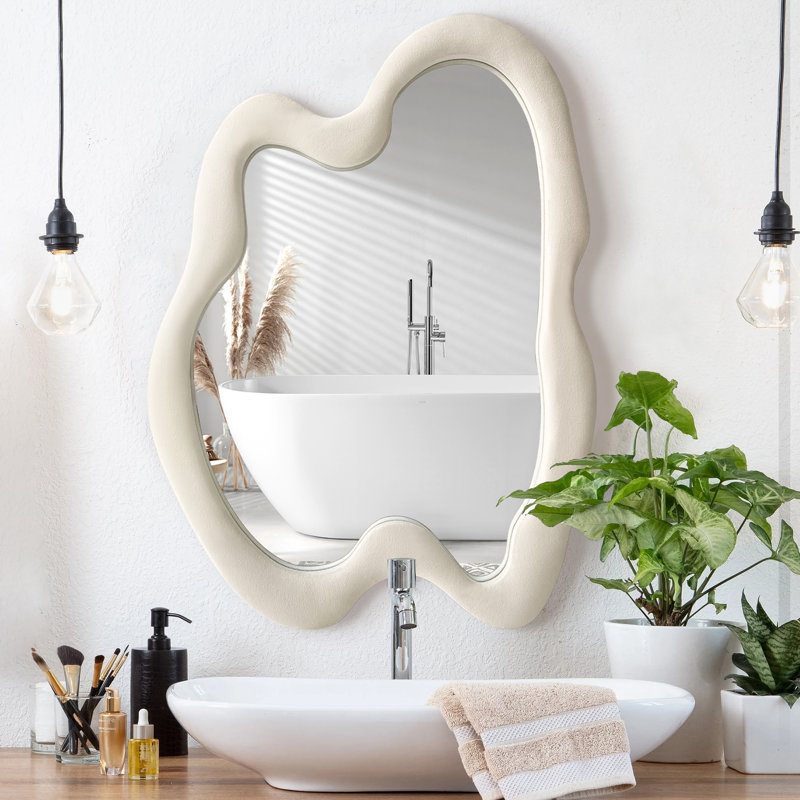Lochan Asymmetrical Wall Mirror with Velvet Frame - Unique, Irregular Shaped Design for Living Room, Bedroom, or Hallway Decor