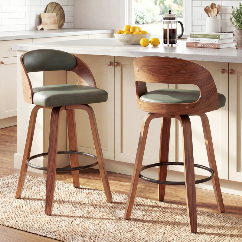 Swivel Upholstered and Faux Leather Bar Stool, Green, Counter Stool  (63.5cm Seat Height)