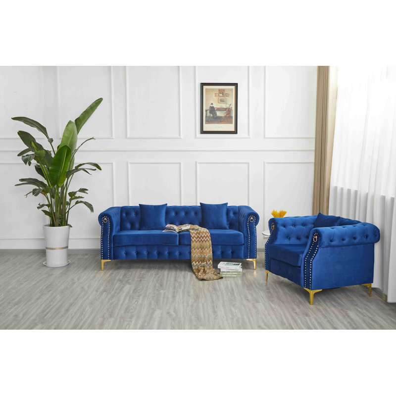 Ensemble de salon rembourré 2 pièces avec pieds en métal, Bleu
