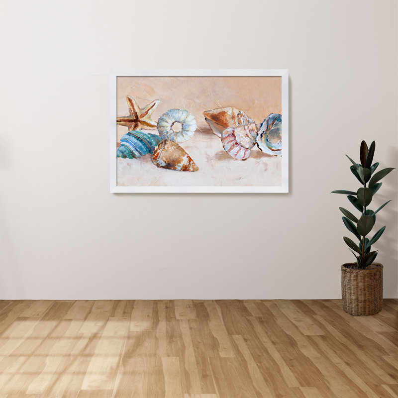 «Gathered Shells on The Shore», reproduction de peinture acrylique, H 33,5 po x l 49,5 po x P 1 po, Cadre blanc