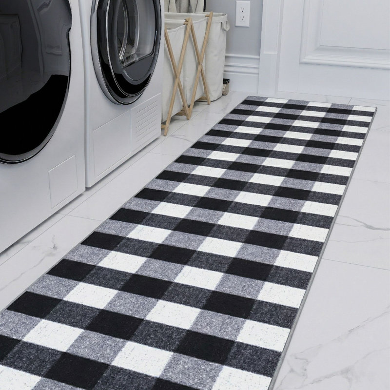 Homeline Non-Slip Rubberback Checkered Buffalo Plaid Indoor Runner Rug, Grayscale, Runner 1'10" x 15'
