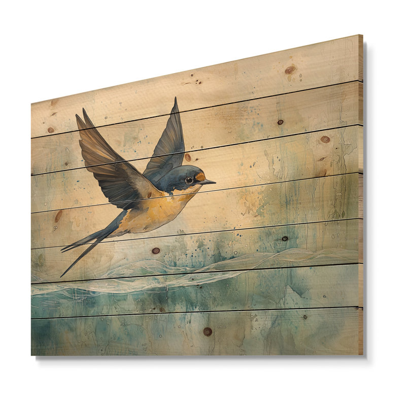 Bird Swallow Over The River - Bird Wood Wall Decor - On Natural Pine Wood, 10" H x 20" W