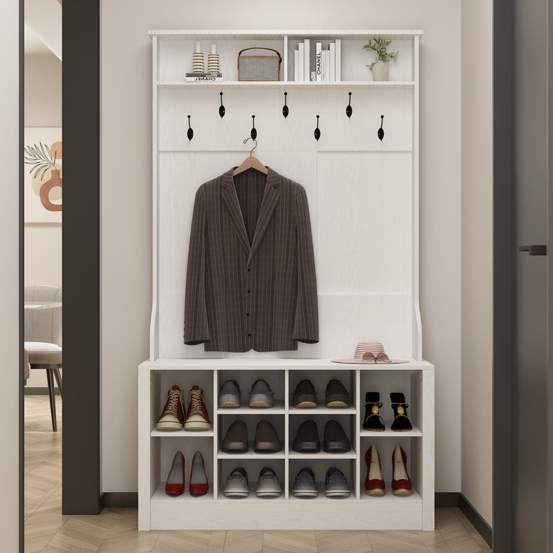 Arbre d'entrée moderne avec banc de rangement, l 39,4 po x P 15,7 po x H 68,5 po, finition bois avec 10 compartiments à chaussures et 7 crochets