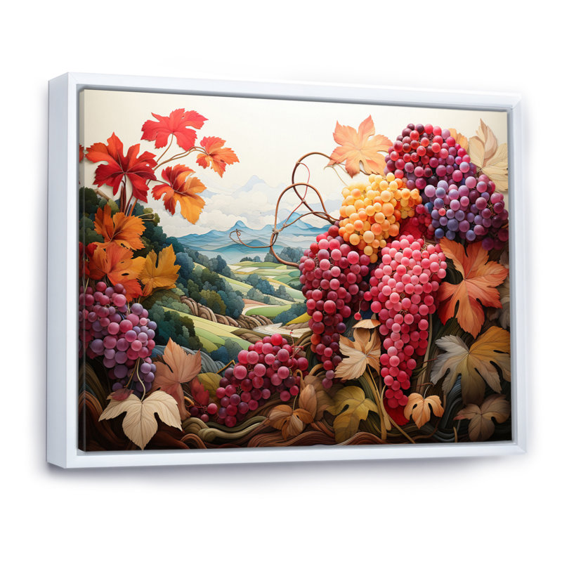 «Atworth Pink Coral Grapes Vineyard Pointillism», reproduction, H 30 po x l 40 po x P 1,5 po, Cadre flottant blanc