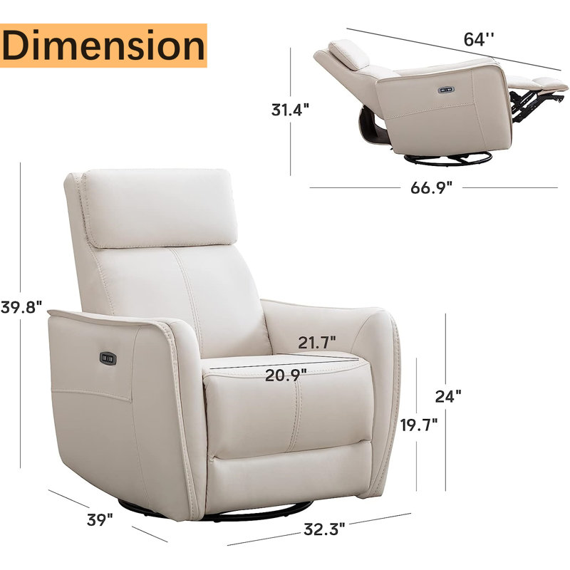 32.3" Wide Contemporary Swivel and Rocker Power Recliner Chair with USB Port