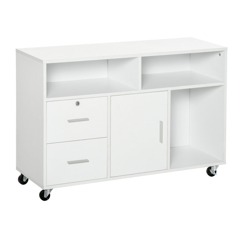 Armoire mobile Office en blanc - support d'imprimante avec roulettes, 2 casiers verrouillables, un tiroir et 3 tablettes pour organiser les dossiers
