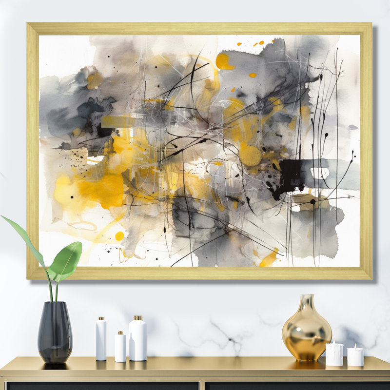 Jaune et gris au-delà de la toile II sur toile, H 30 po x l 40 po x P 1,5 po, Cadre doré à une seule photo