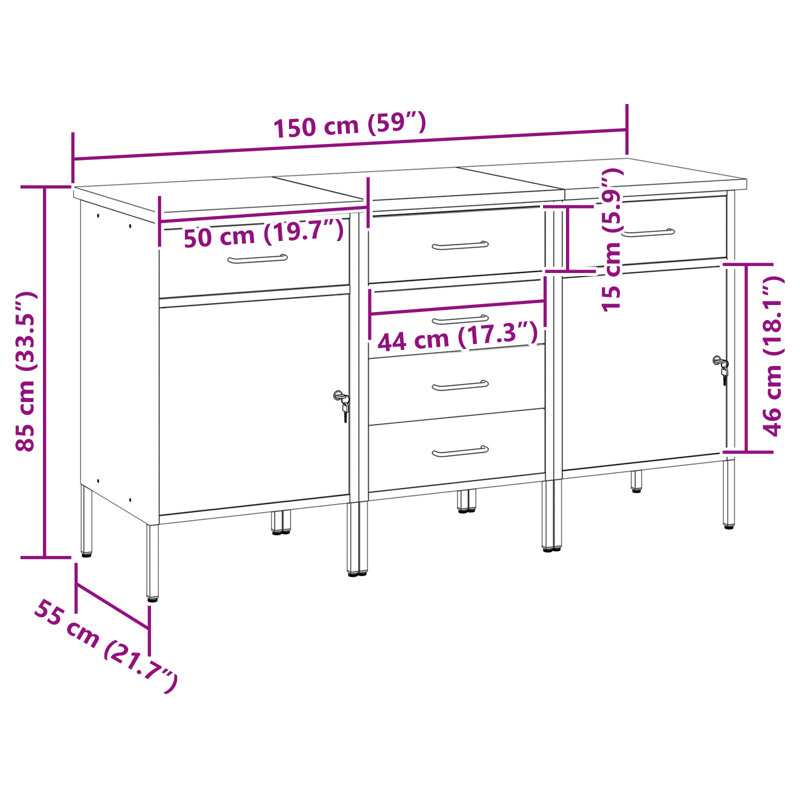 Set Of 3 Steel Medium Height-Adjustable Work Cabinet, Red