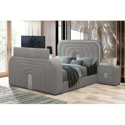 Luxurious Queen Bed Set With LED Lighting, TV Stand, Fireplace, And Bluetooth Functionality For A Comfortable And Entertaining Bedroom Retreat