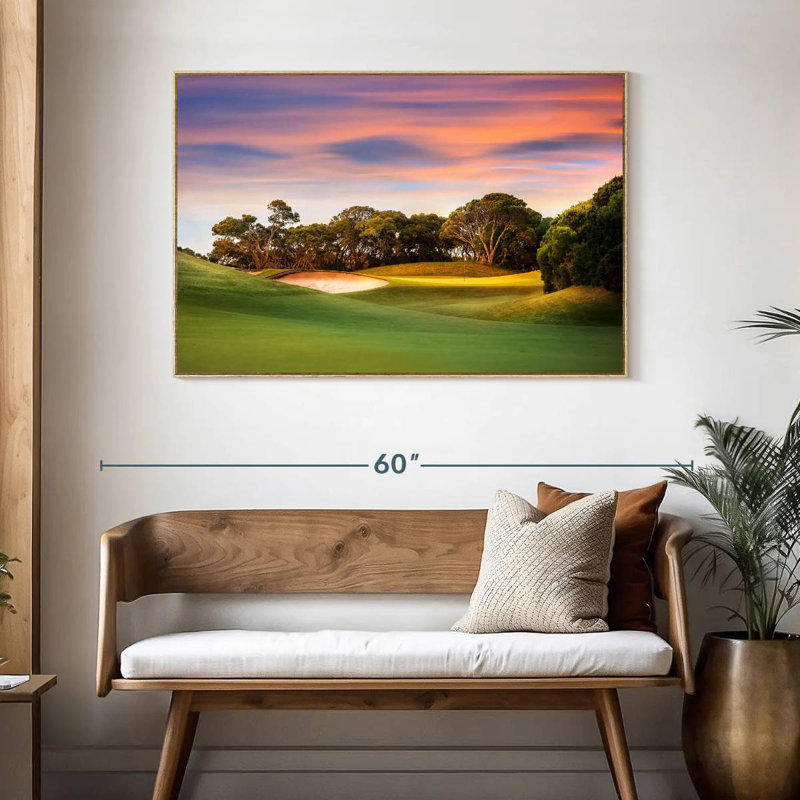 Terrain de golf, coucher de soleil, Cadre flottant en bois naturel, 46 po x 31 po