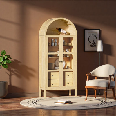 Armoire arquée moderne avec portes en verre, armoire de rangement de 72 po de hauteur à capteur automatique de hauteur avec tablette réglable en hauteur et bibliothèque à 2 tiroirs