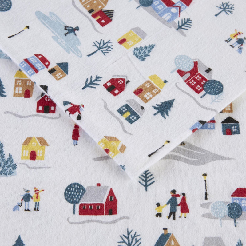 Twin Printed Sheet In 3 Pieces With White Village Print Pattern, 100% Cotton Flannel For A Warm And Soft Experience, Multiple Options, Includes Flat & Fitted Sheets Pillowcase, Elasticized 12"