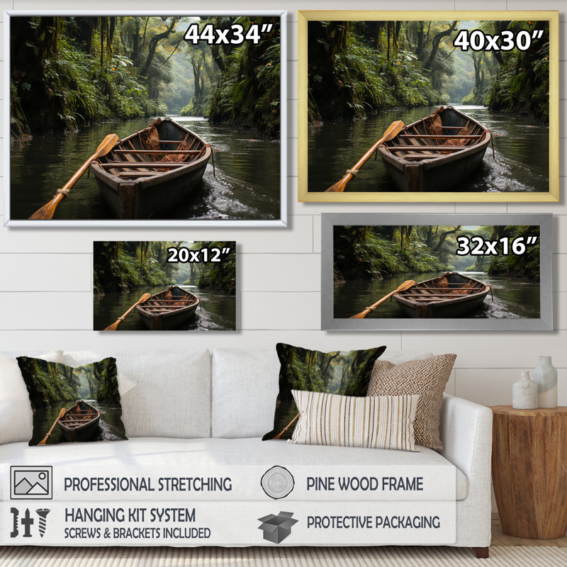 Dinghy in Amazon Jungle River - Art mural Jungle, Toile tendue, H 12 po x l 20 po