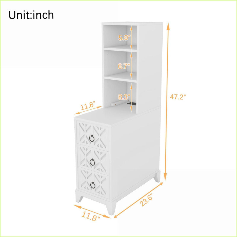 Table de chevet 3 tiroirs avec station de charge & amp; Tablettes réglables, blanc