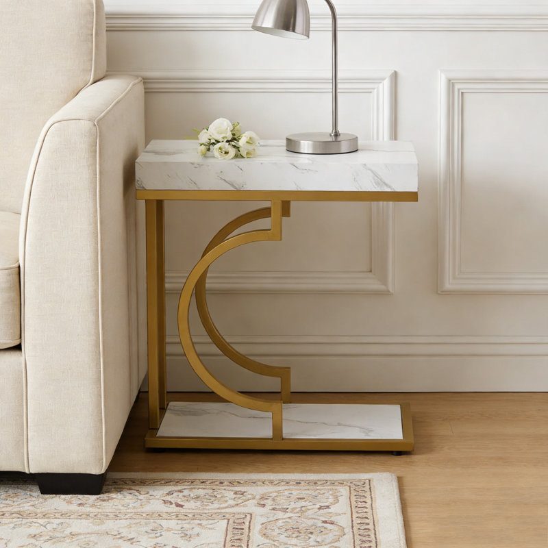 Bedside Table,End Table, Gold,White