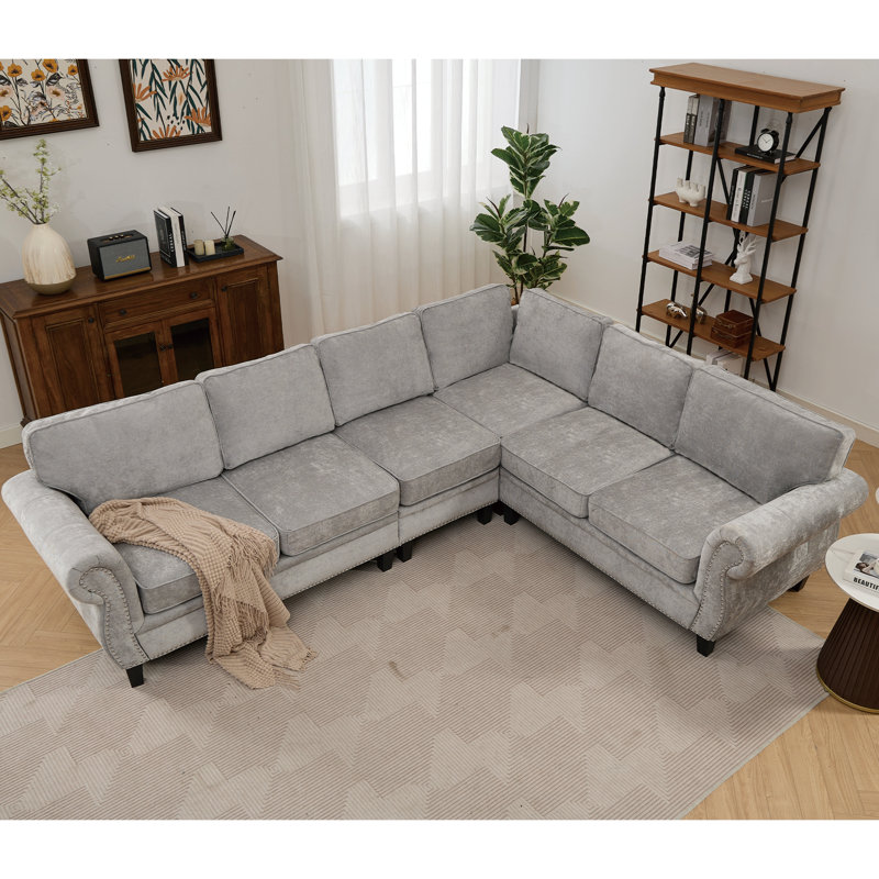 Canapé modulaire 3 pièces avec accoudoirs roulés décorés Virelia, Polyester gris clair