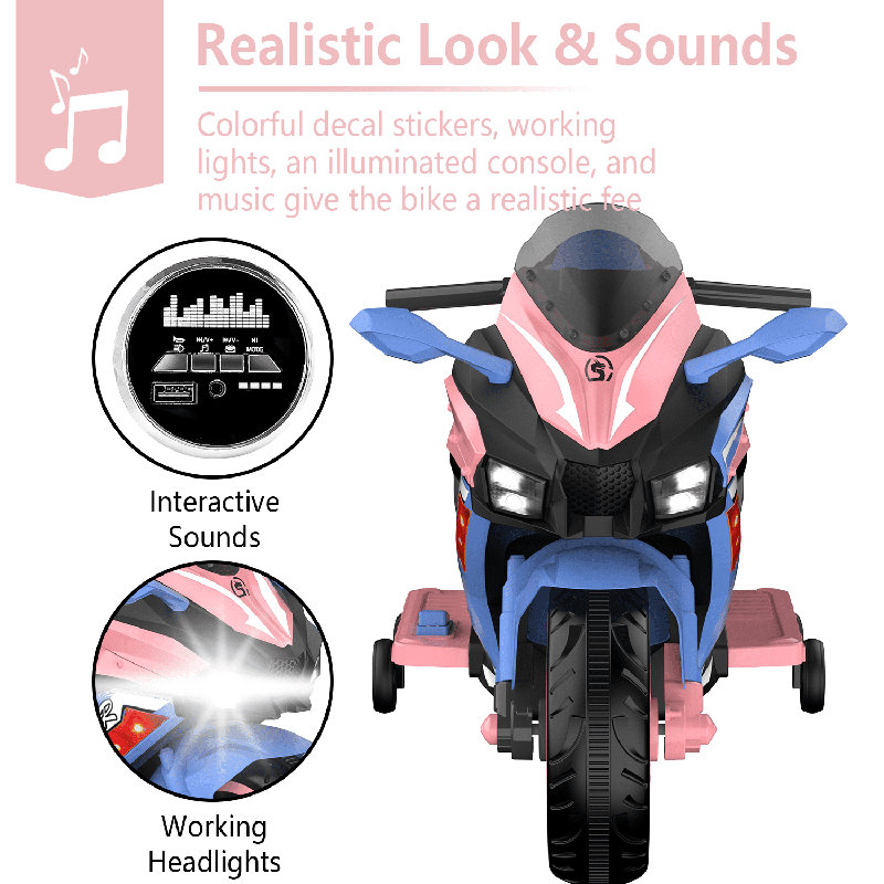Moto électrique 12V pour enfants de 3 à 6 ans, vitesse maximale de 4 MPH, lumières DEL, musique Bluetooth, alimenté par batterie, bleu + rose