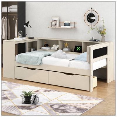 Wood Twin Size Platform Bed with Storage Shelves, Drawers, Charging Station and Upholstered Headboard, Cream