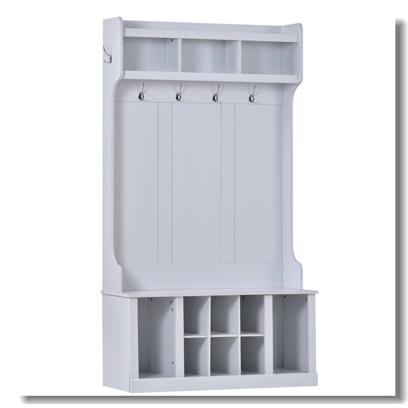 White Solid Wood Hall Tree with Storage and Hooks