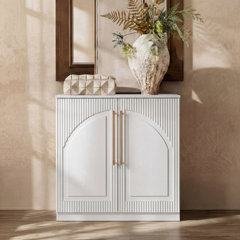 Alpena 31” Modern Arched Fluted Ash Cabinet with Brass Handles – Sideboard & Media Console, Beige