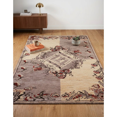 Tapis d'intérieur rectangulaire oriental noué à la main, en laine brun clair et or