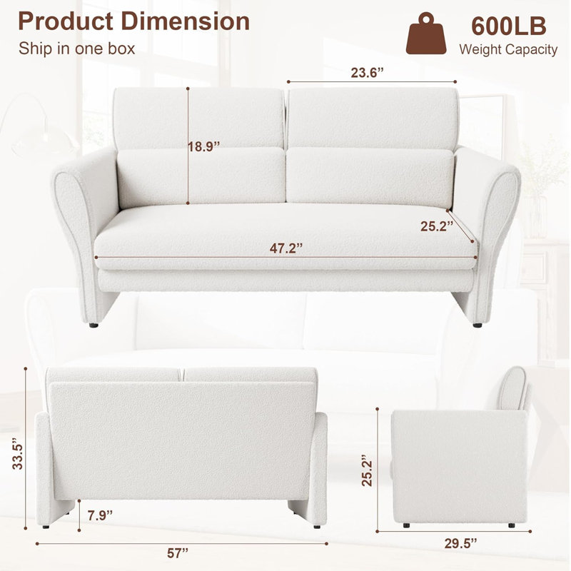 Canapé moderne à 2 places avec siège profond et dossier haut avec coussins lombaires amovibles pour le bureau, beige