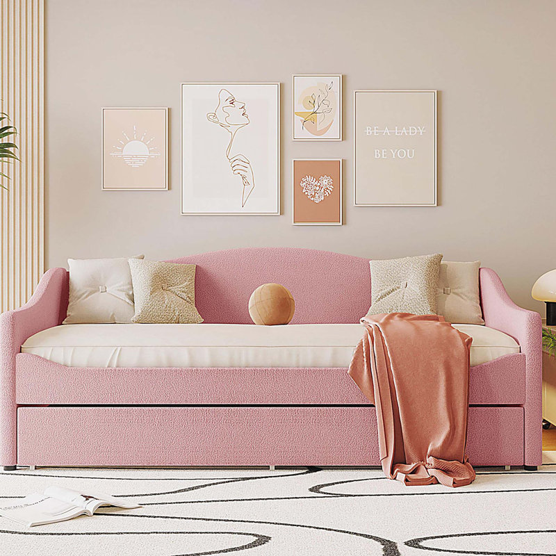 Lit de jour rembourré en molleton avec lumière et couchette Teddy, Lit simple, Rose