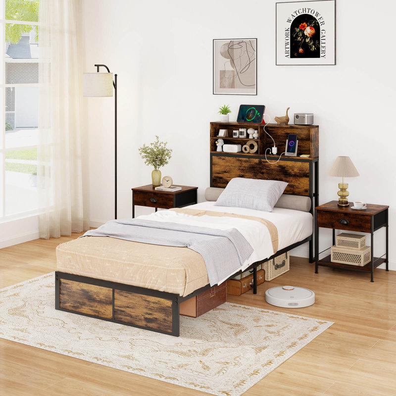 Bed Frame With Charging Station Storage Headboard Under-bed Storage Space, Twin