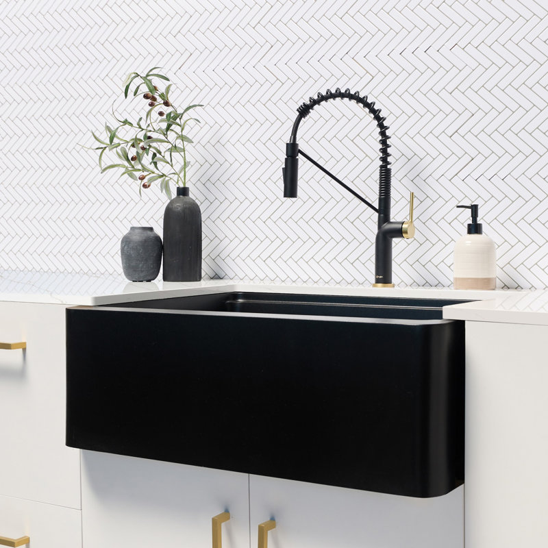 Évier de cuisine encastré à tablier simple en granite noir 30 po, Noir