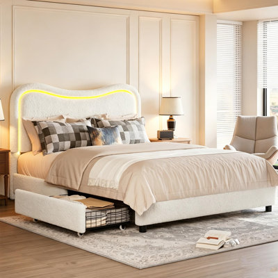 Twin/Full/Queen Bed Frame with 2 Storage Drawers, Upholstered Platform Bed, Solid Wood Slats Support for Kids & Teens