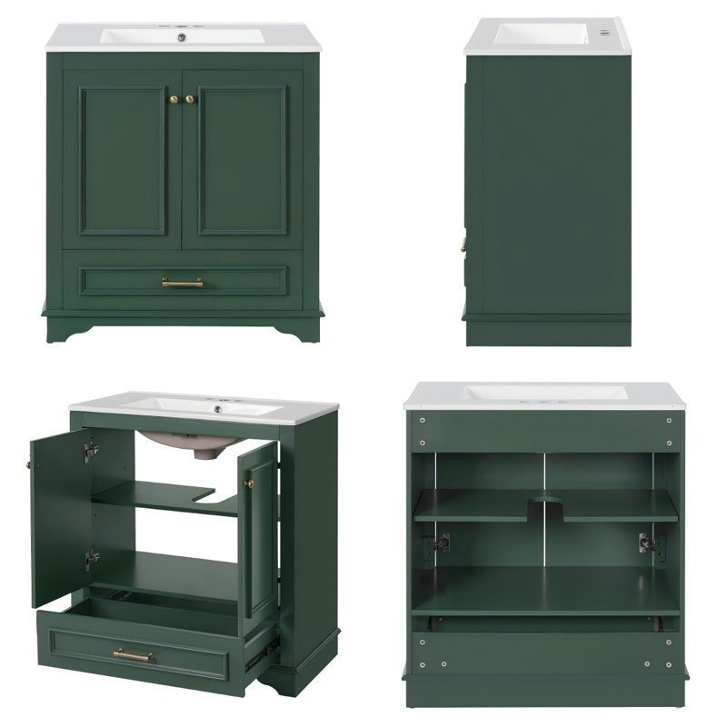 Meuble-lavabo moderne avec lavabo en céramique, portes à fermeture douce et rangement réglable, Vert
