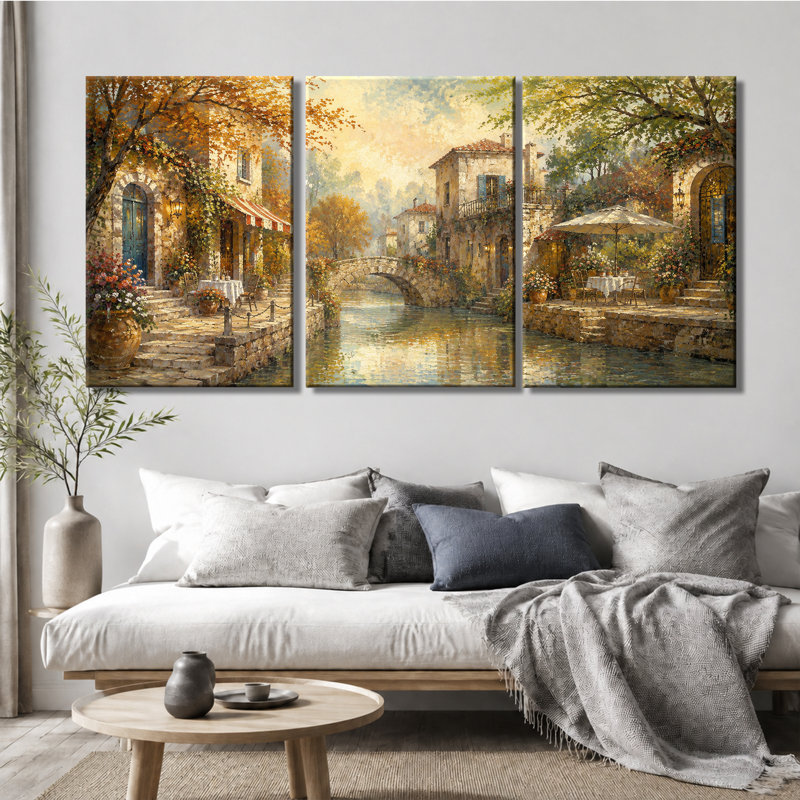 Tableau en trois panneaux représentant un paysage de canal dans une ville européenne vintage, imprimé sur toile tendue