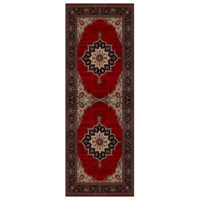 Guria Red/Brown/Burgundy Oriental Vintage Look Machine Printed Cotton Chenille Area Rug