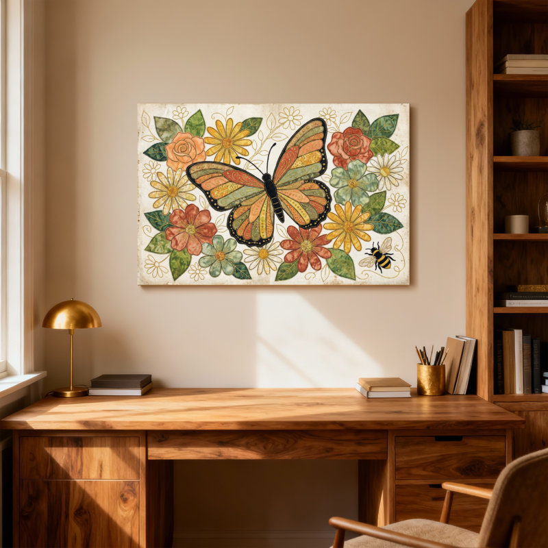 Animaux, papillon, fleurs, feuilles, motif d'abeilles, conception artistique, H 28 po x l 40 po