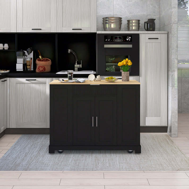 48.5" Rubber Wood Countertop Kitchen Cart With Trash Can Storage Cabinet & Power Outlet, Black