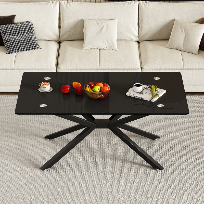 Table basse rectangulaire en verre trempé noir de 40,31 po, pieds en métal pour présentation en magasin, grande capacité, facile à assembler avec pieds modernes de 40,31 po, chambre d'amis convenable, pieds réglables